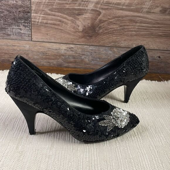 Jacqie Vintage Black Sequined High Heels, Black and Silver, Size 7 - Picture 3 of 9